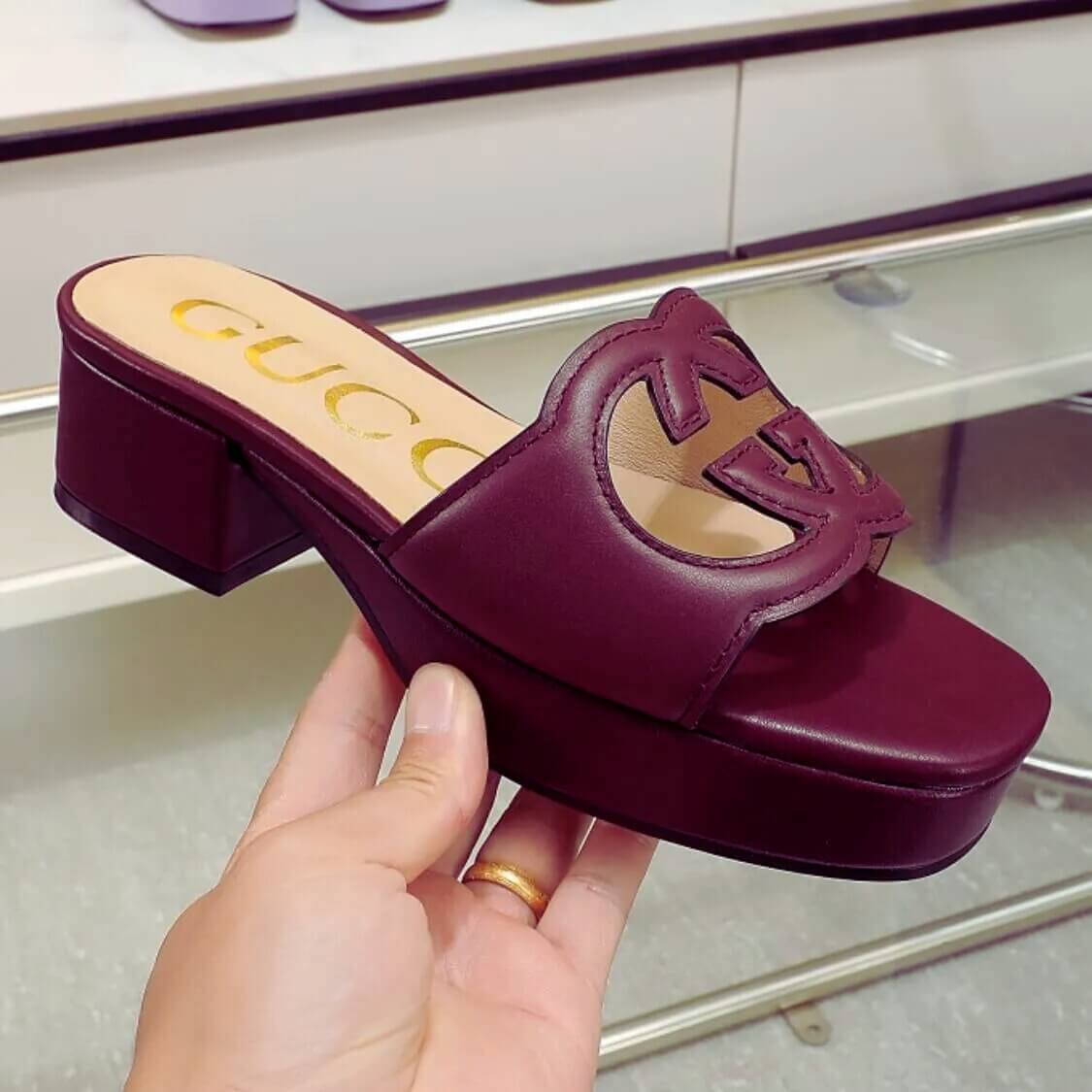 Cut Out Logo Mule Sandals In Deep Burgundy