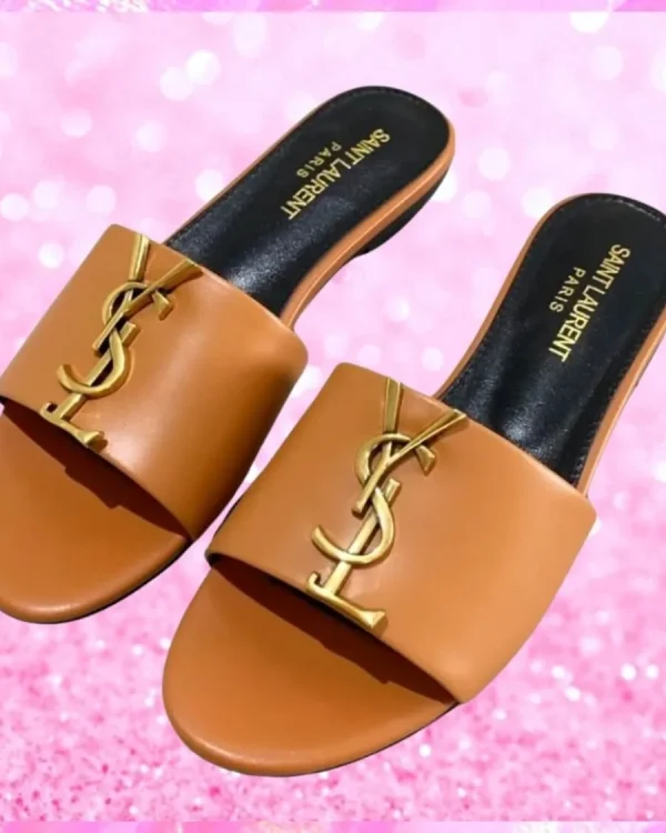 Metal Logo Flat Mule Sandals In Tan