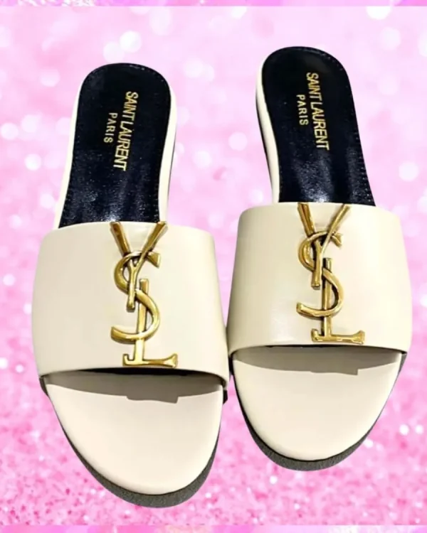 Metal Logo Flat Mule Sandals In Ivory