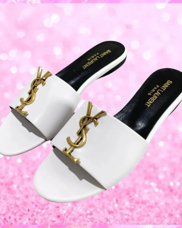 Metal Logo Flat Mule Sandals In White