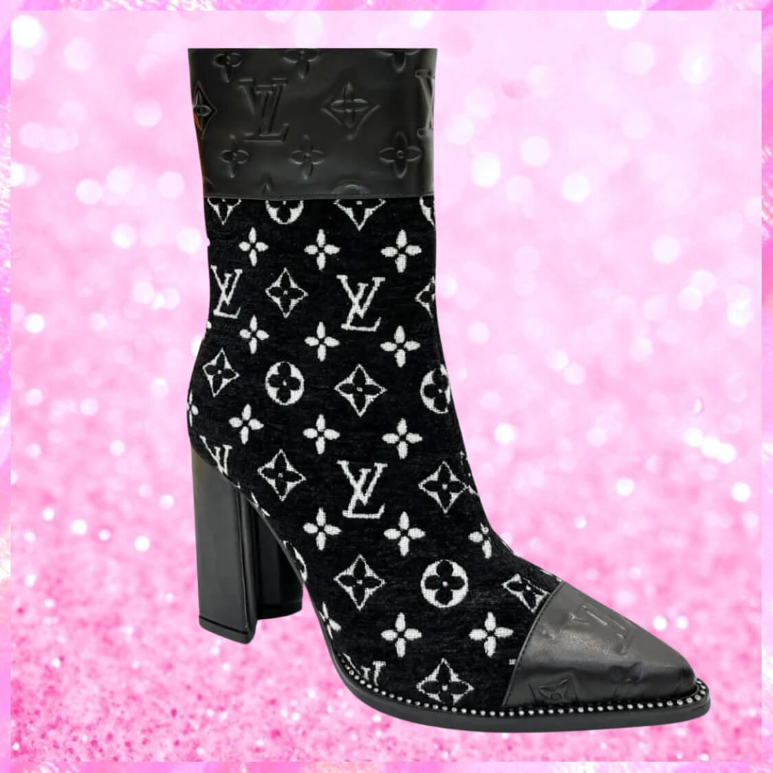 Monogram Pointed Leather Fabric Boots In Black