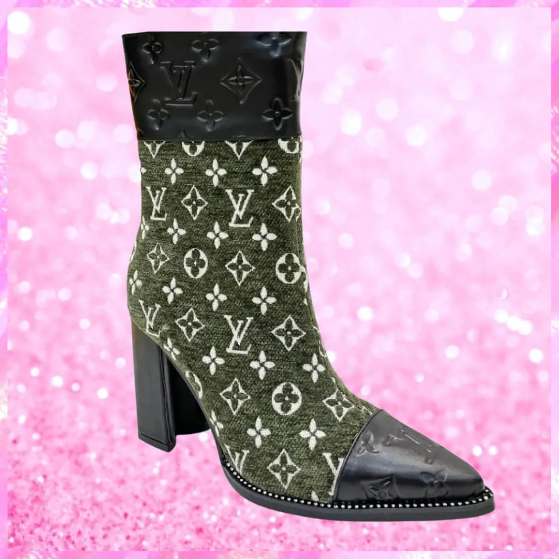 Monogram Pointed Leather Fabric Boots In Olive