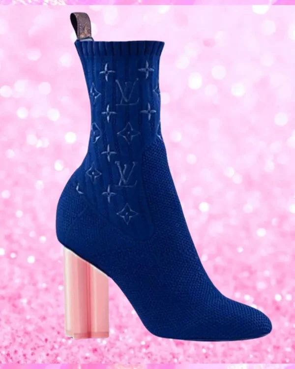 Pink Heel Stretch Fabric Silhouette Ankle Boots Navy