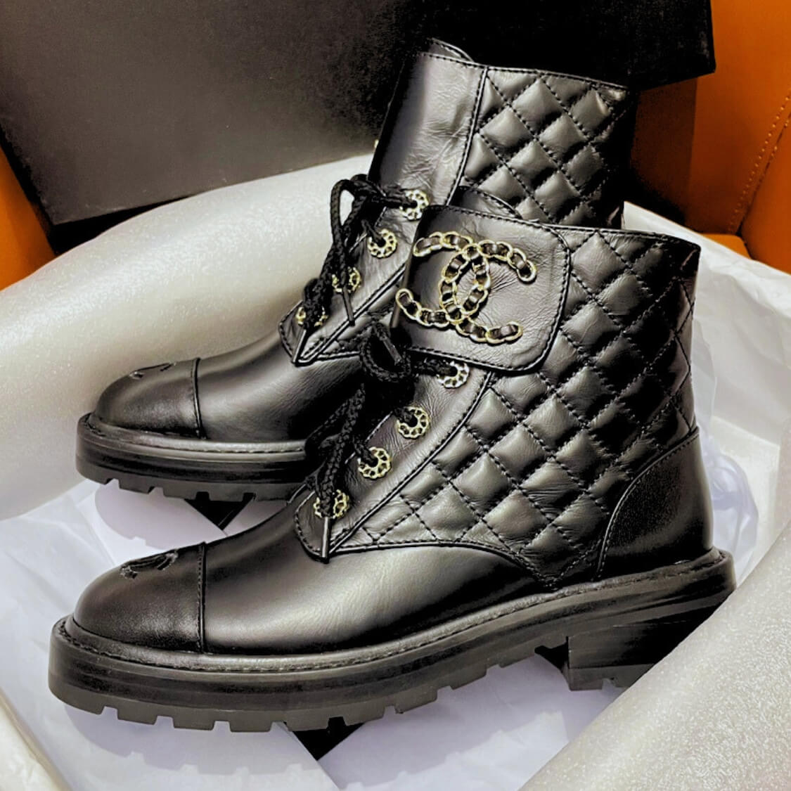 Platform Charm Logo Combat Boots In Black