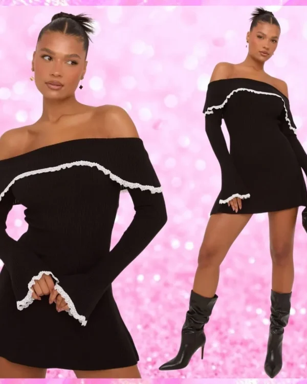 Bardot Lace Trim Flippy Hem Knit Mini Dress