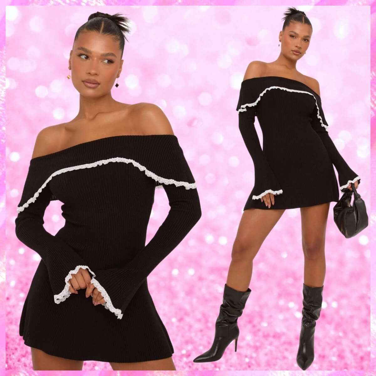 Bardot Lace Trim Flippy Hem Knit Mini Dress