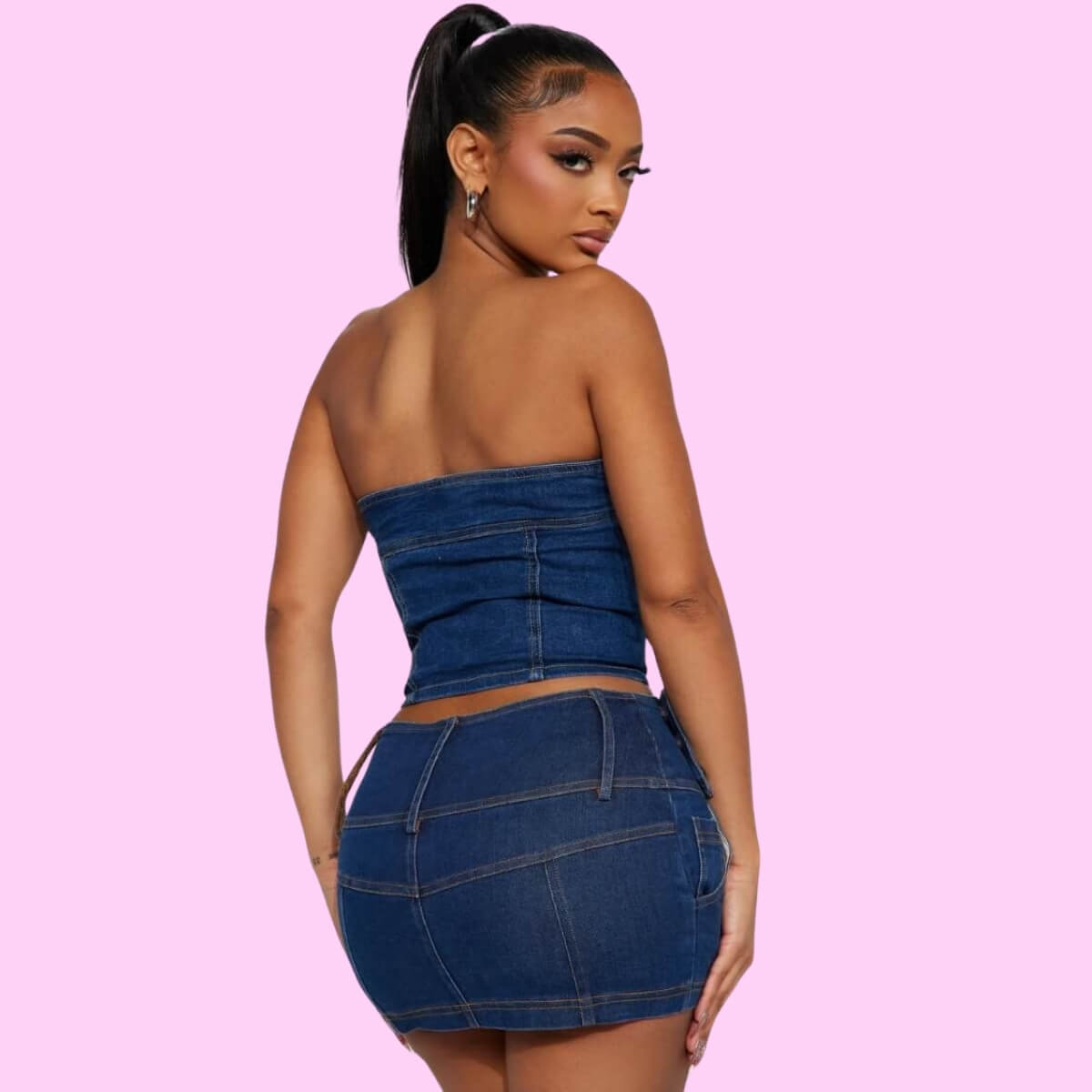 Denim Bandeau Top & Skirt Set Dark Wash