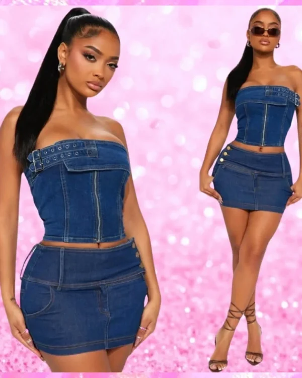 Denim Bandeau Top & Skirt Set Dark Wash