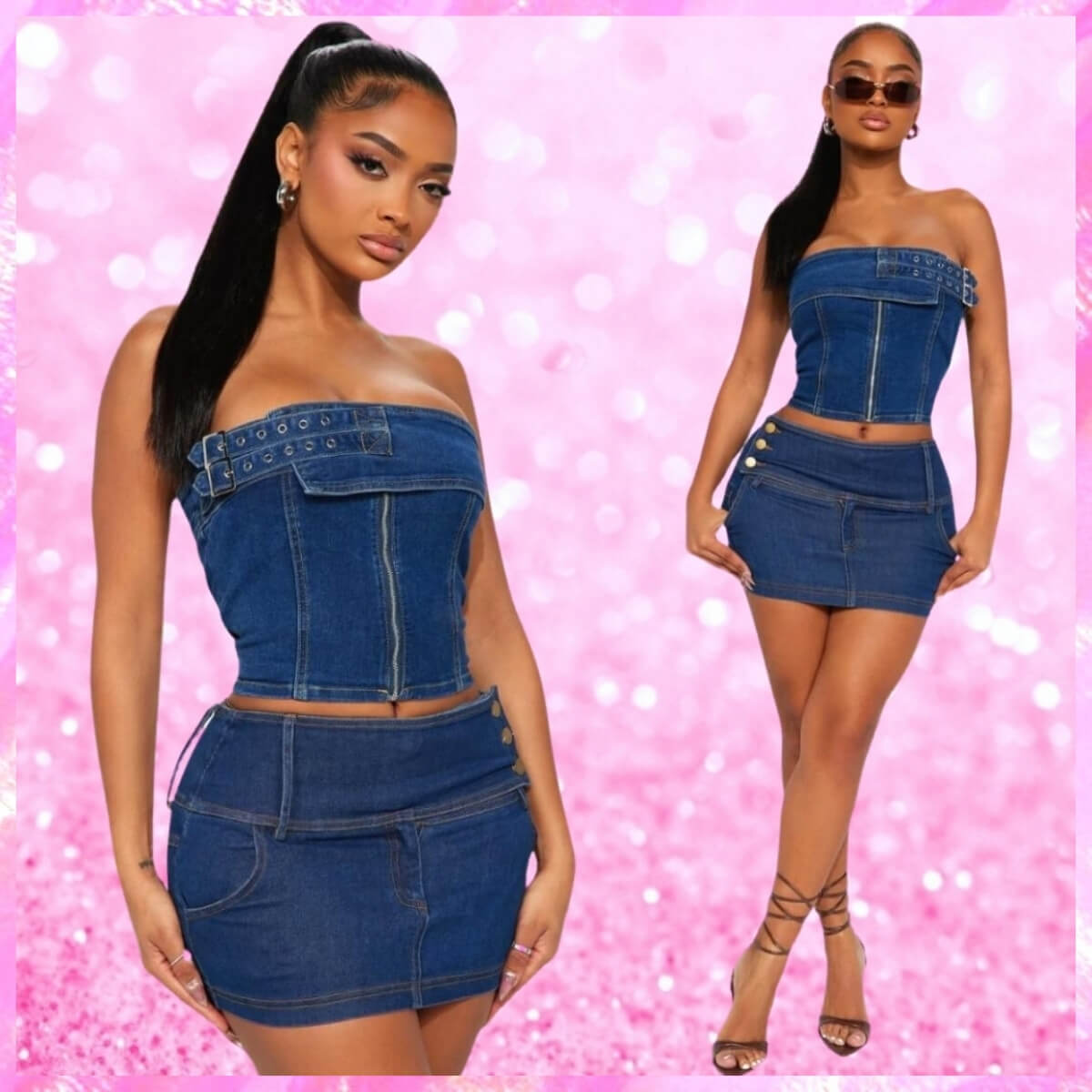 Denim Bandeau Top & Skirt Set Dark Wash