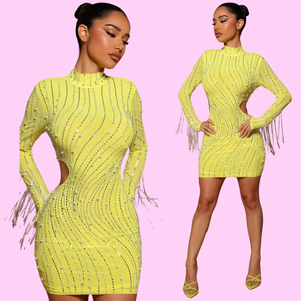 Long Sleeve Bodycon Party Dress In Yellow