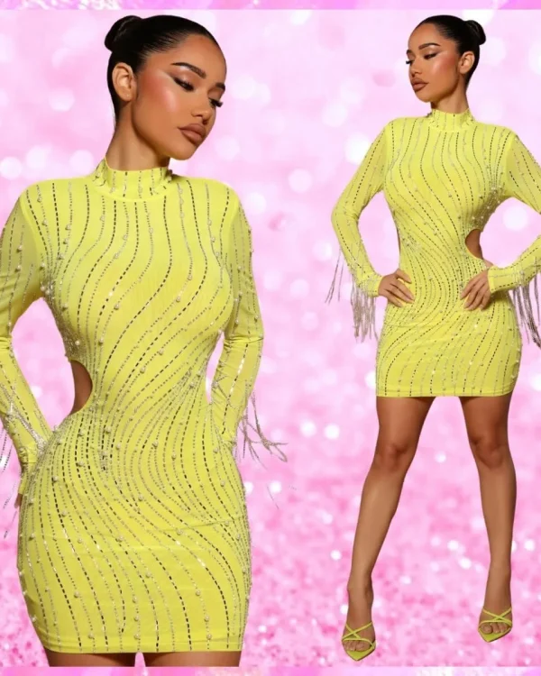 Long Sleeve Bodycon Party Dress In Yellow