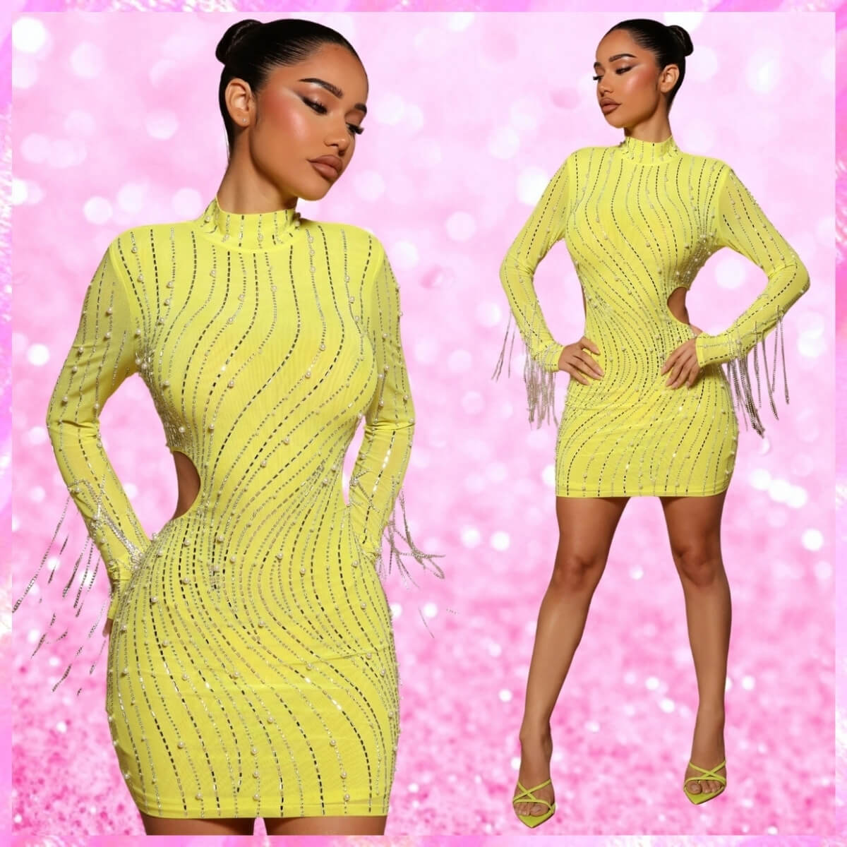 Long Sleeve Bodycon Party Dress In Yellow