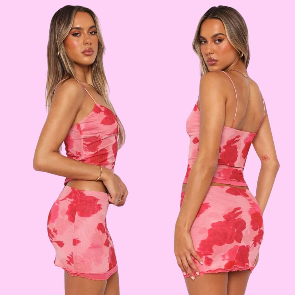 Mesh Mini Skirt Set In Cinnamon Pink