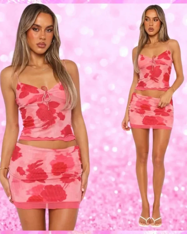 Mesh Mini Skirt Set In Cinnamon Pink