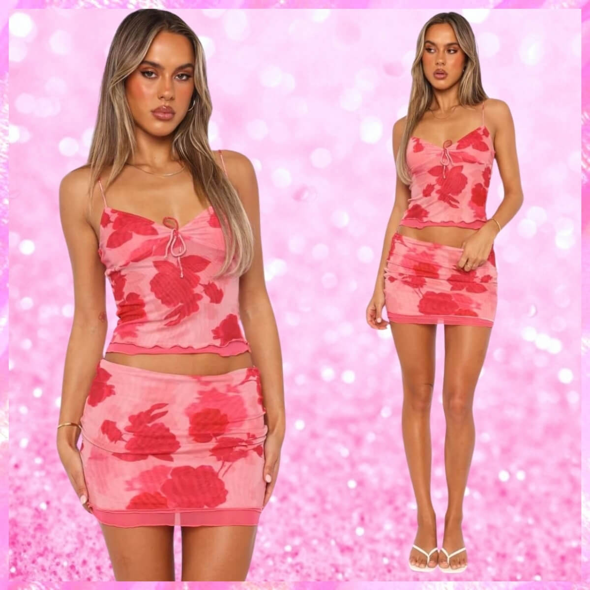 Mesh Mini Skirt Set In Cinnamon Pink