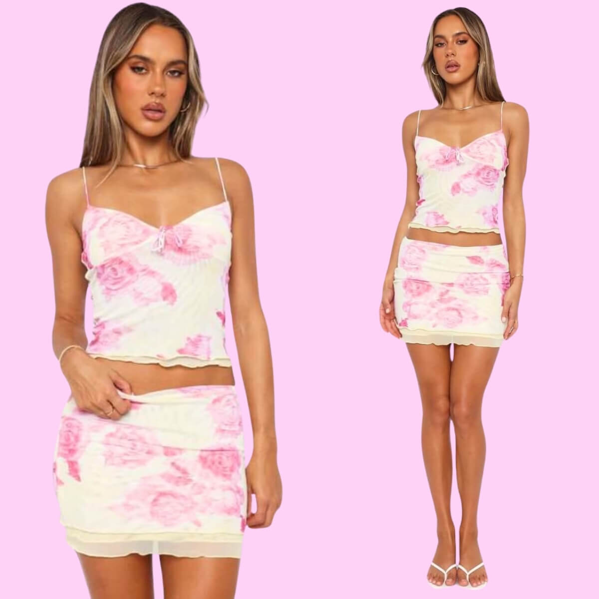 Mesh Mini Skirt Set In Pink
