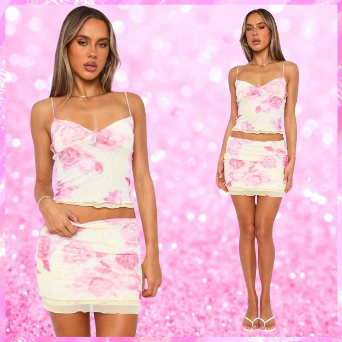 Mesh Mini Skirt Set In Pink