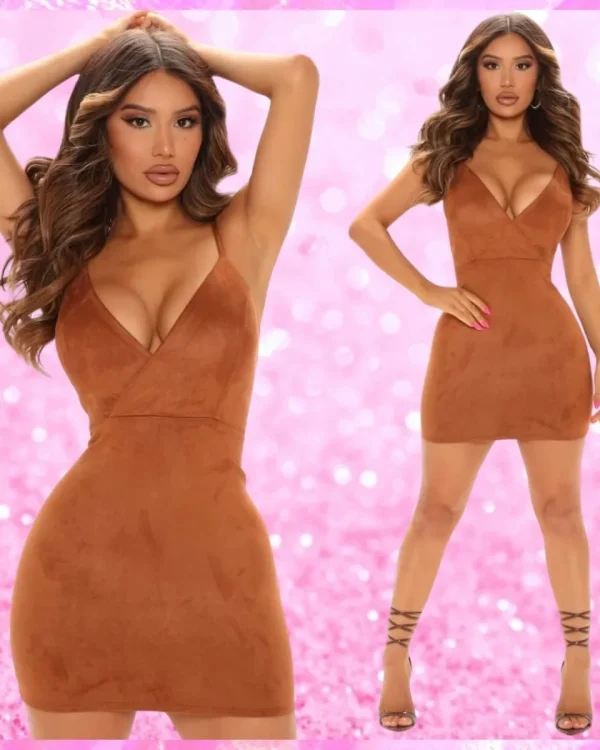 Plunging Suede Mini Dress