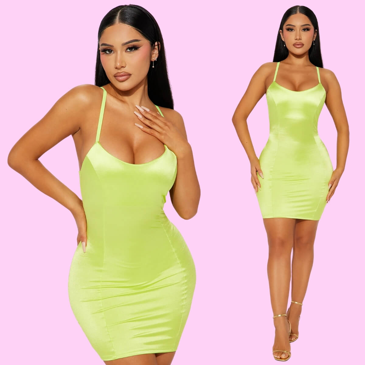 Satin Mini Dress In Lime Green