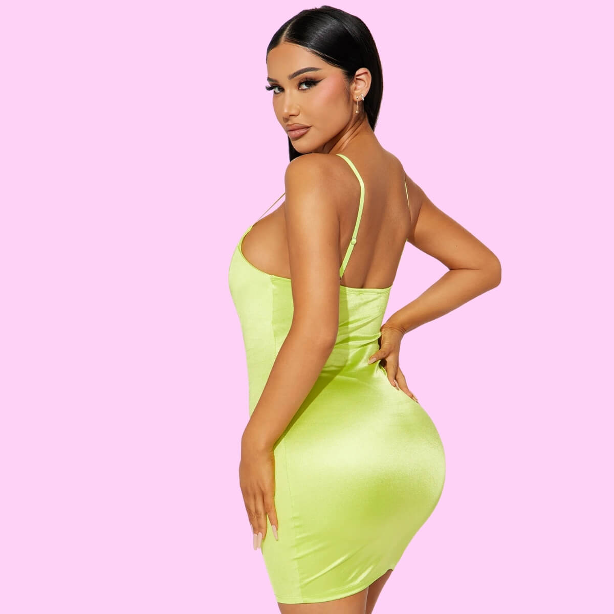 Satin Mini Dress In Lime Green