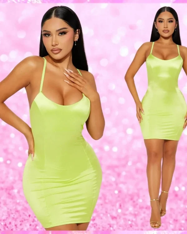 Satin Mini Dress In Lime Green