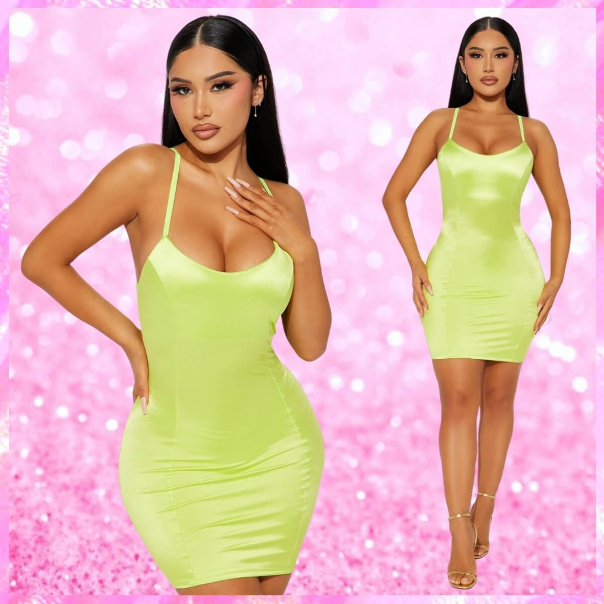 Satin Mini Dress In Lime Green
