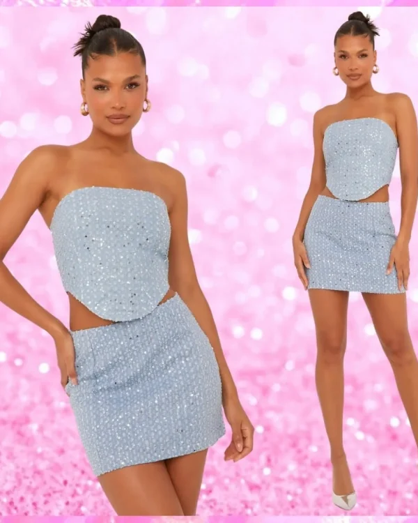 Sequin Bandeau Corset Top Mini Skirt Co-Ord Set