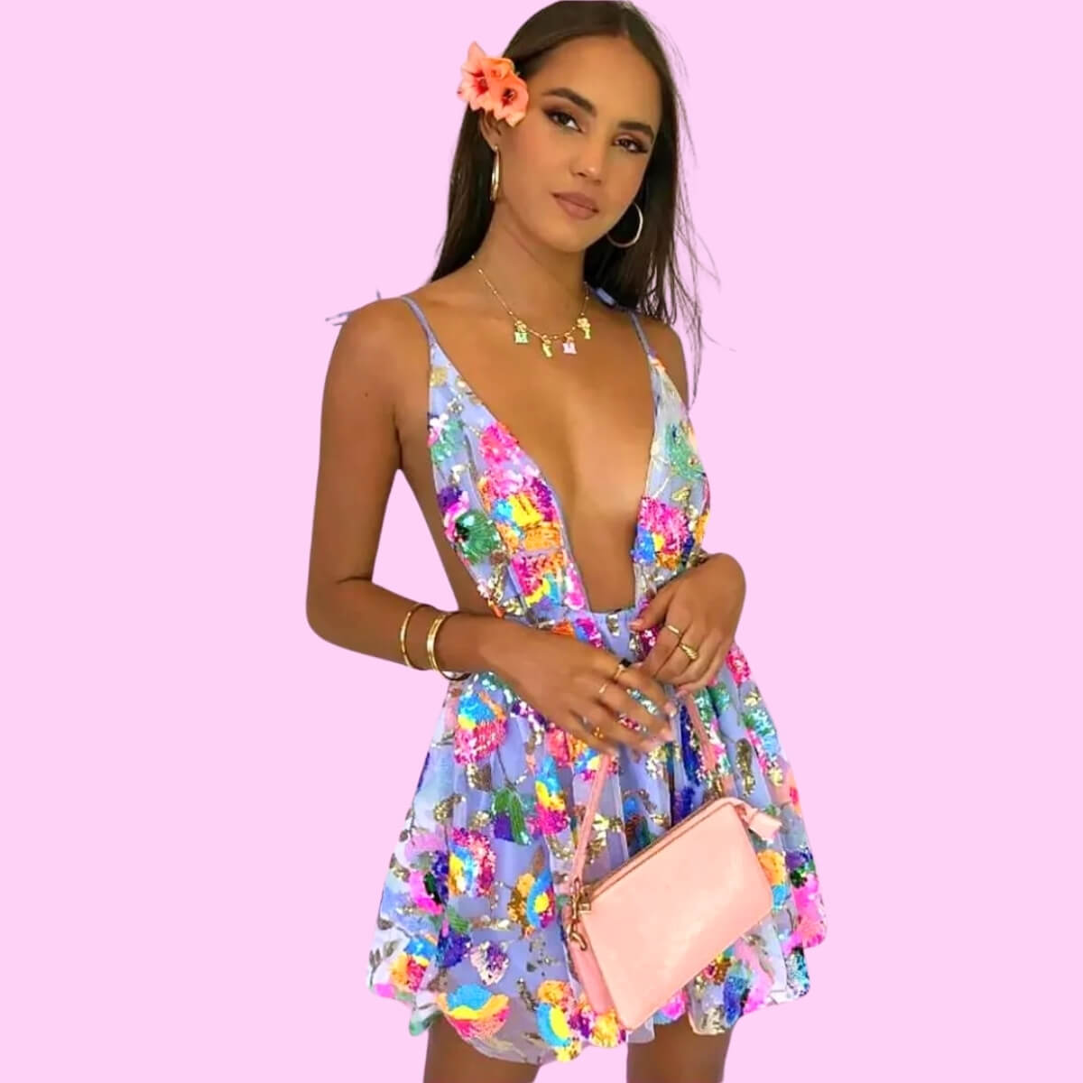 Sequin Deep V Mini Dress In Lavender