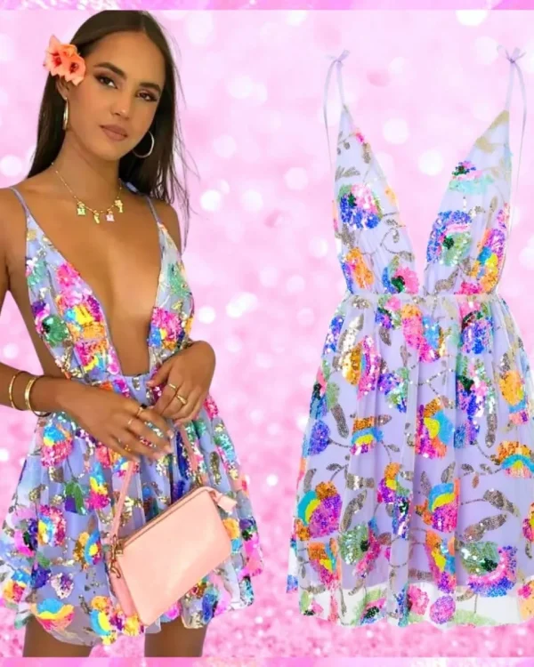 Sequin Deep V Mini Dress In Lavender