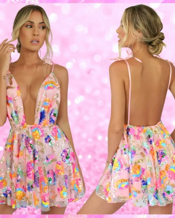 Sequin Deep V Mini Dress In Pink