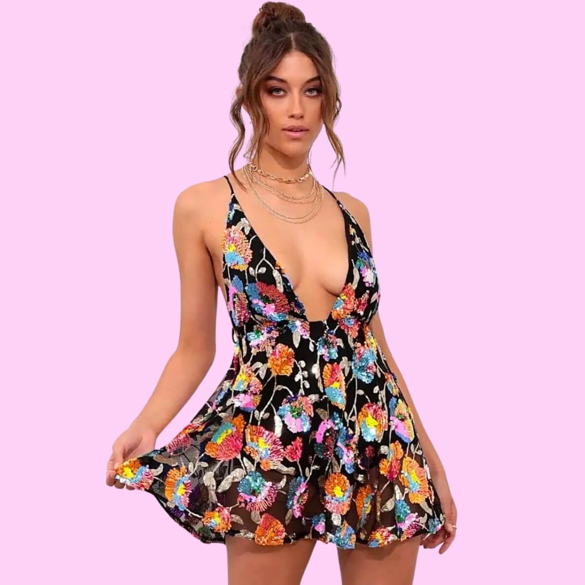 Sequin Deep V Mini Dress