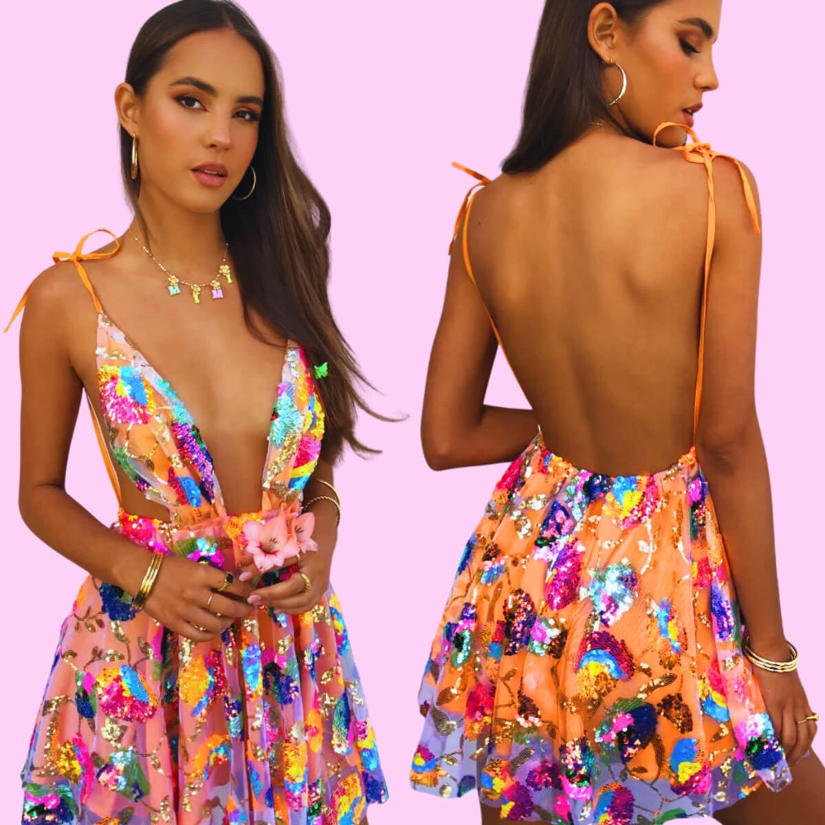 Sequin Deep V Mini Dress In Tangerine