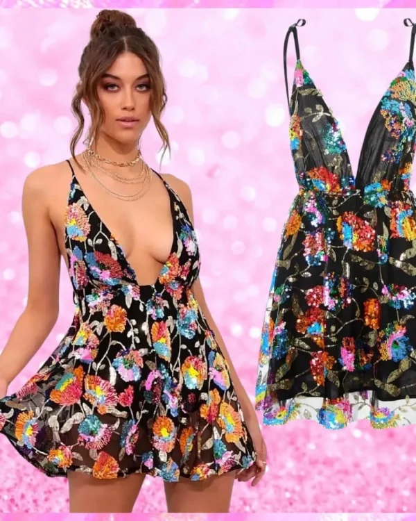 Sequin Deep V Mini Dress