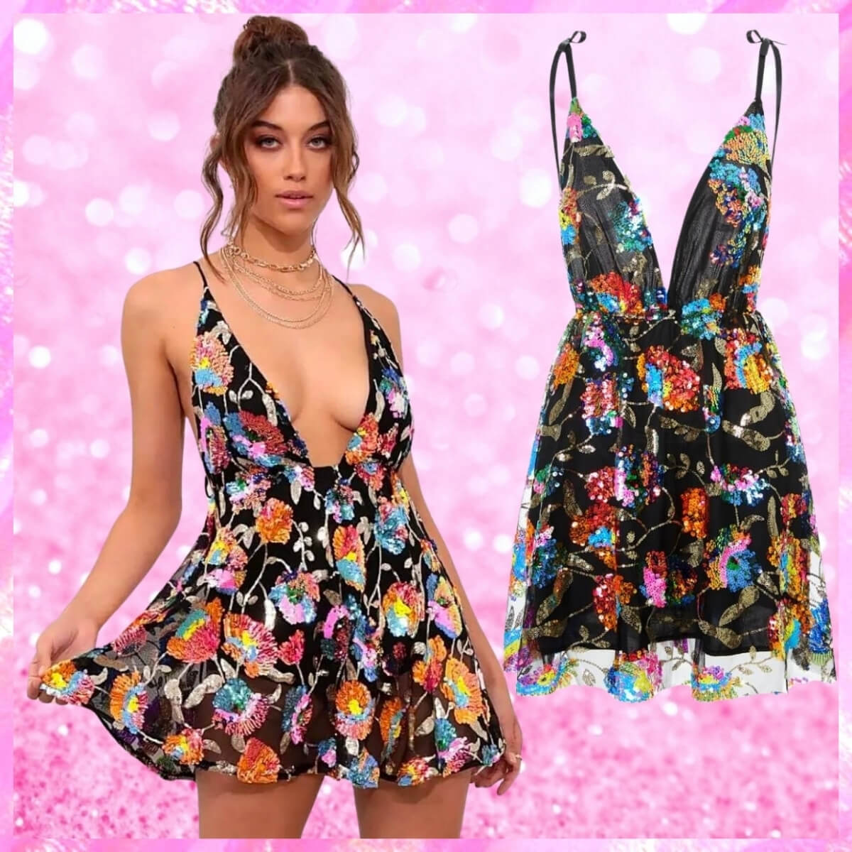 Sequin Deep V Mini Dress