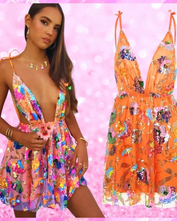 Sequin Deep V Mini Dress In Tangerine