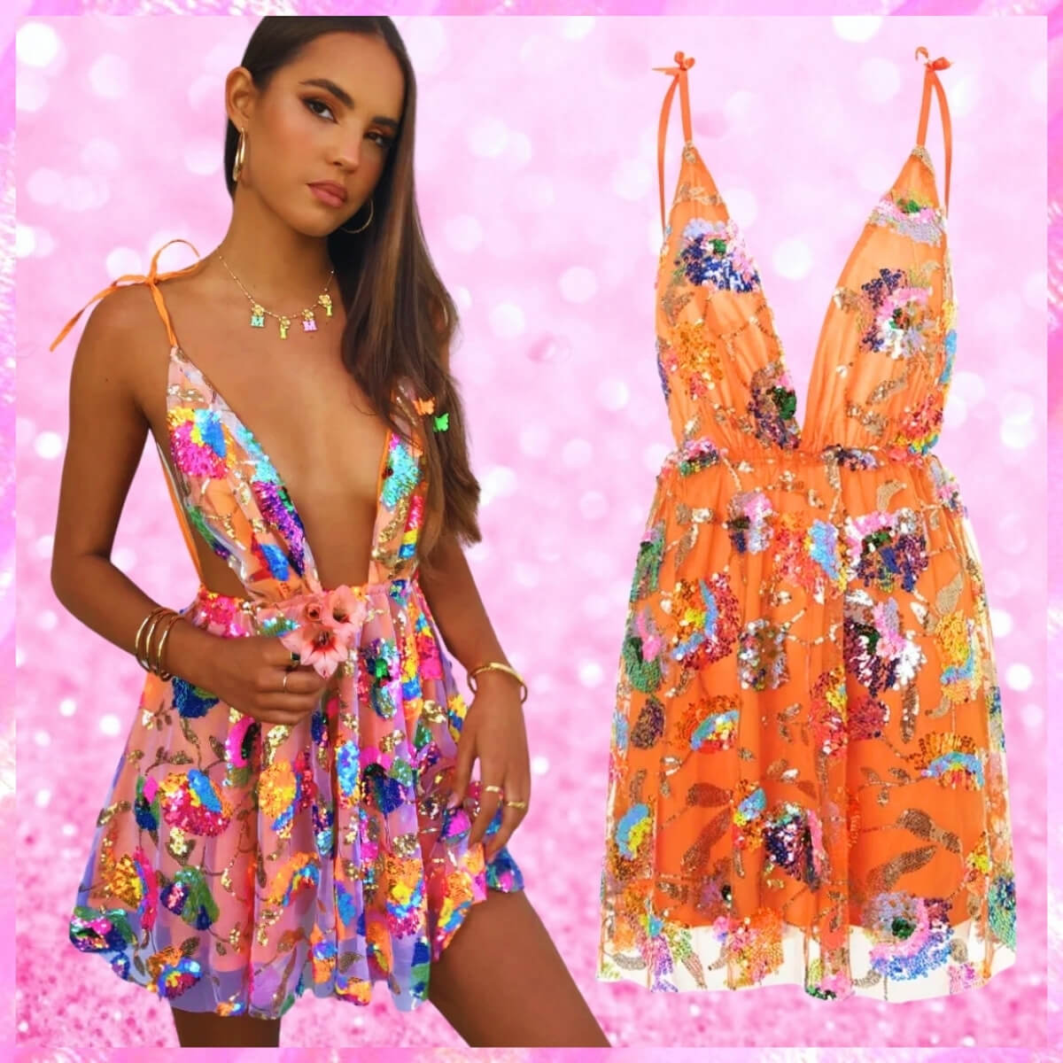 Sequin Deep V Mini Dress In Tangerine