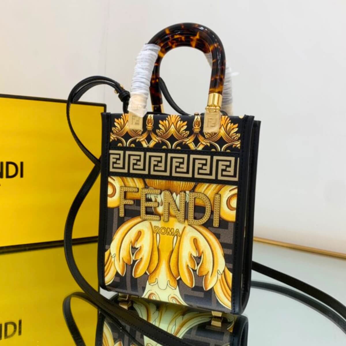 Fendance By Versace Designer Baroque Sunshine Mini Tote, Fendance By Versace Handbag, Designer Handbag, Cheap Designer Handbag, Designer Handbag