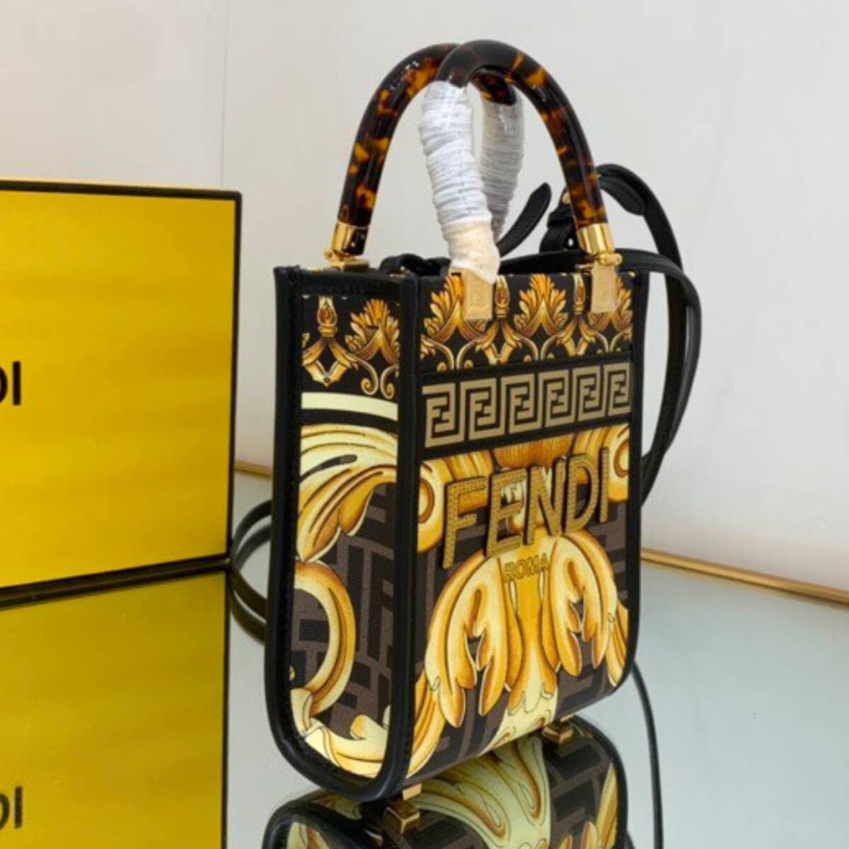 Fendance By Versace Designer Baroque Sunshine Mini Tote, Fendance By Versace Handbag, Designer Handbag, Cheap Designer Handbag, Designer Handbag