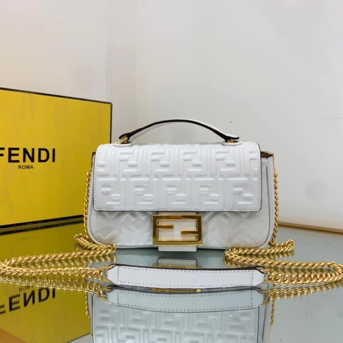 Fendi Designer Nappa Small FF Embossed Chain Baguette, Fendi Handbag, Designer Handbag, Cheap Designer Handbag, Designer Handbag