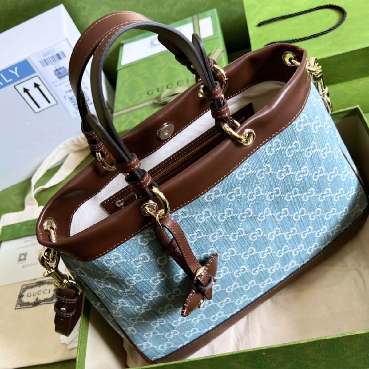 Gucci Designer GG Denim Top Handle Tote Bag, Gucci Handbag, Designer Handbag, Cheap Designer Handbag, Designer Handbag