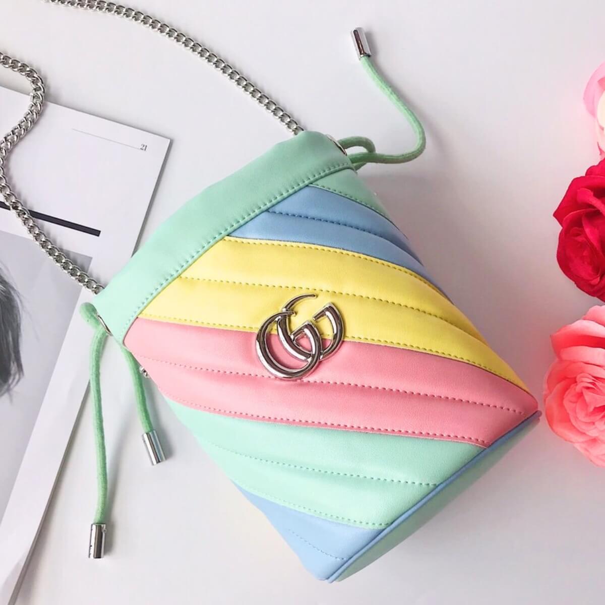 Gucci Designer Marmont Diagonal Multicolor Bucket Bag, Gucci Handbag, Designer Handbag, Cheap Designer Handbag, Designer Handbag