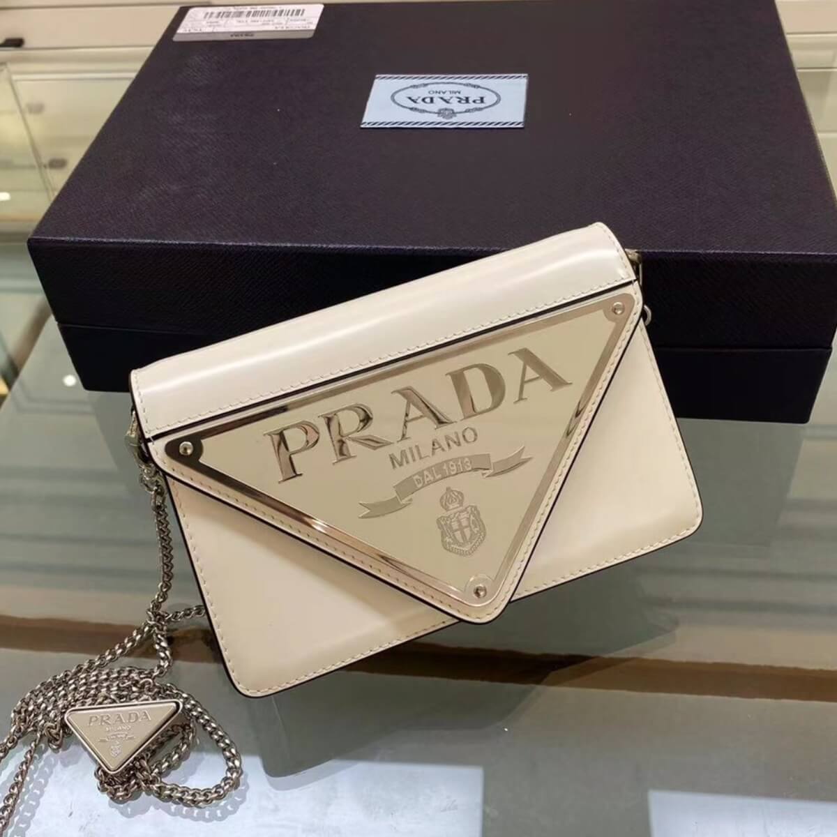 Prada Designer Spazzolato Triangle Logo Plate Chain Crossbody Bag, Prada Handbag, Designer Handbag, Cheap Designer Handbag, Designer Handbag