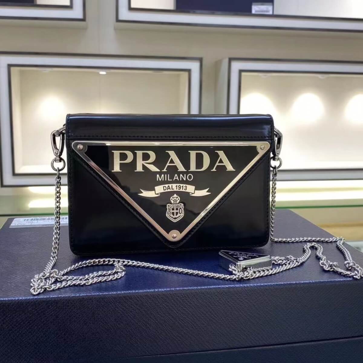 Prada Designer Spazzolato Triangle Logo Plate Chain Crossbody Bag, Prada Handbag, Designer Handbag, Cheap Designer Handbag, Designer Handbag