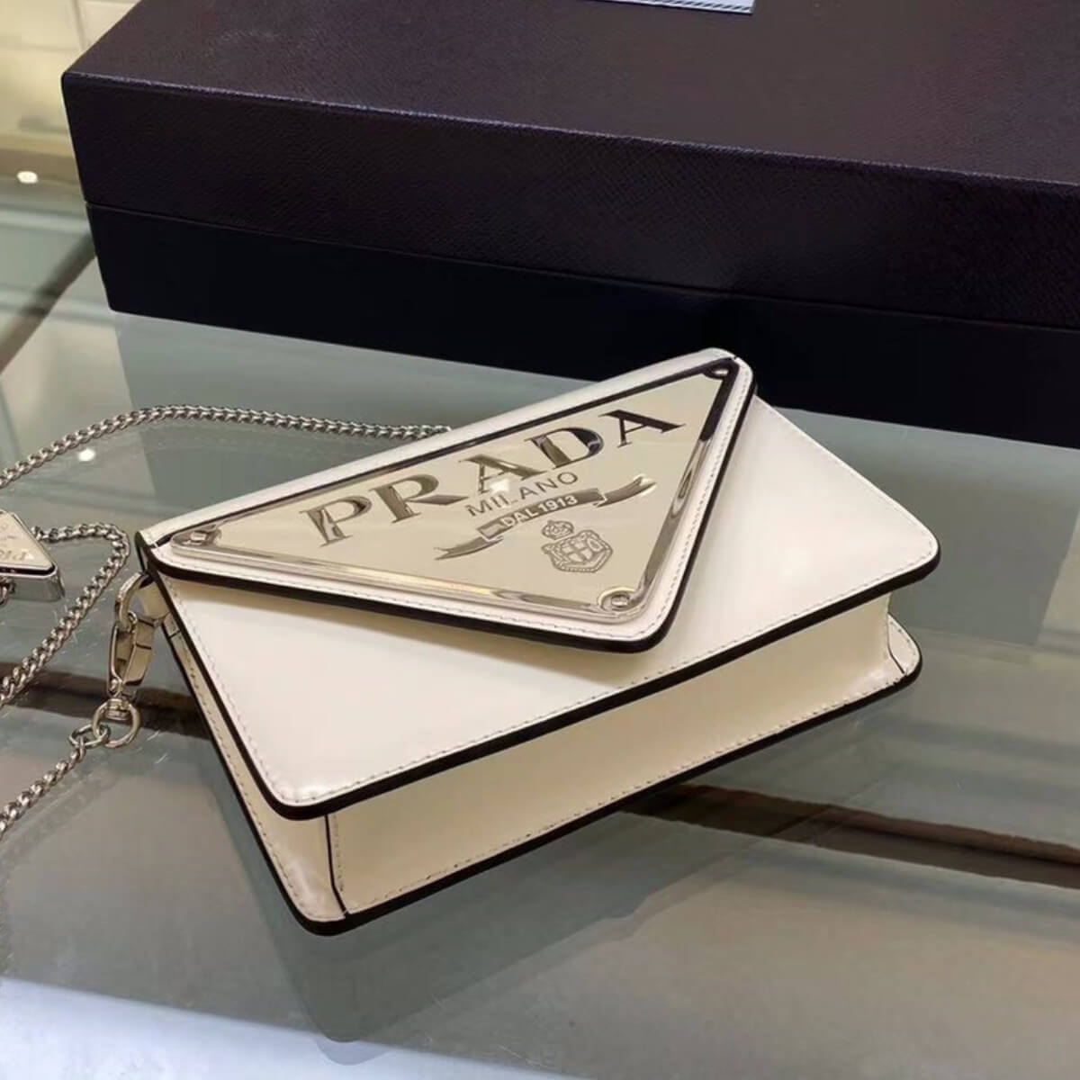 Prada Designer Spazzolato Triangle Logo Plate Chain Crossbody Bag, Prada Handbag, Designer Handbag, Cheap Designer Handbag, Designer Handbag
