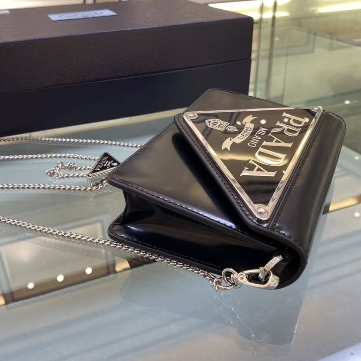 Prada Designer Spazzolato Triangle Logo Plate Chain Crossbody Bag, Prada Handbag, Designer Handbag, Cheap Designer Handbag, Designer Handbag