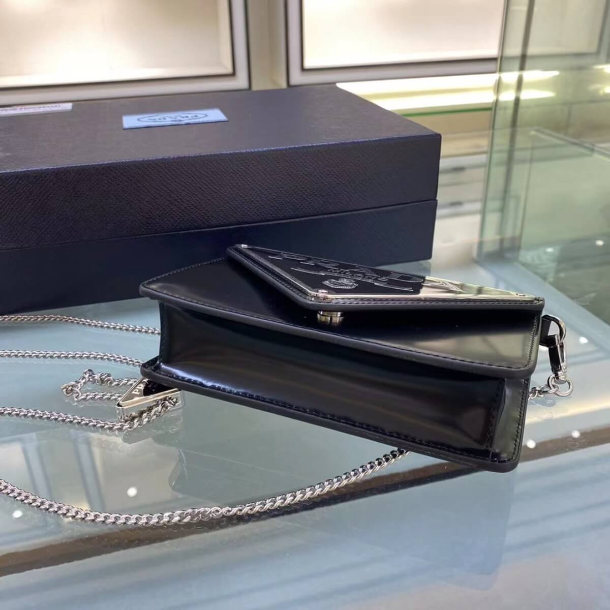 Prada Designer Spazzolato Triangle Logo Plate Chain Crossbody Bag, Prada Handbag, Designer Handbag, Cheap Designer Handbag, Designer Handbag