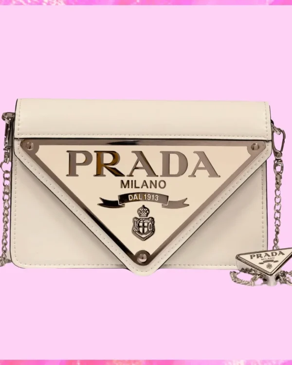 Prada Designer Spazzolato Triangle Logo Plate Chain Crossbody Bag, Prada Handbag, Designer Handbag, Cheap Designer Handbag, Designer Handbag