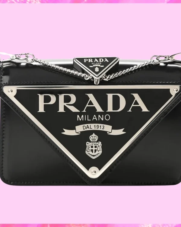 Prada Designer Spazzolato Triangle Logo Plate Chain Crossbody Bag, Prada Handbag, Designer Handbag, Cheap Designer Handbag, Designer Handbag