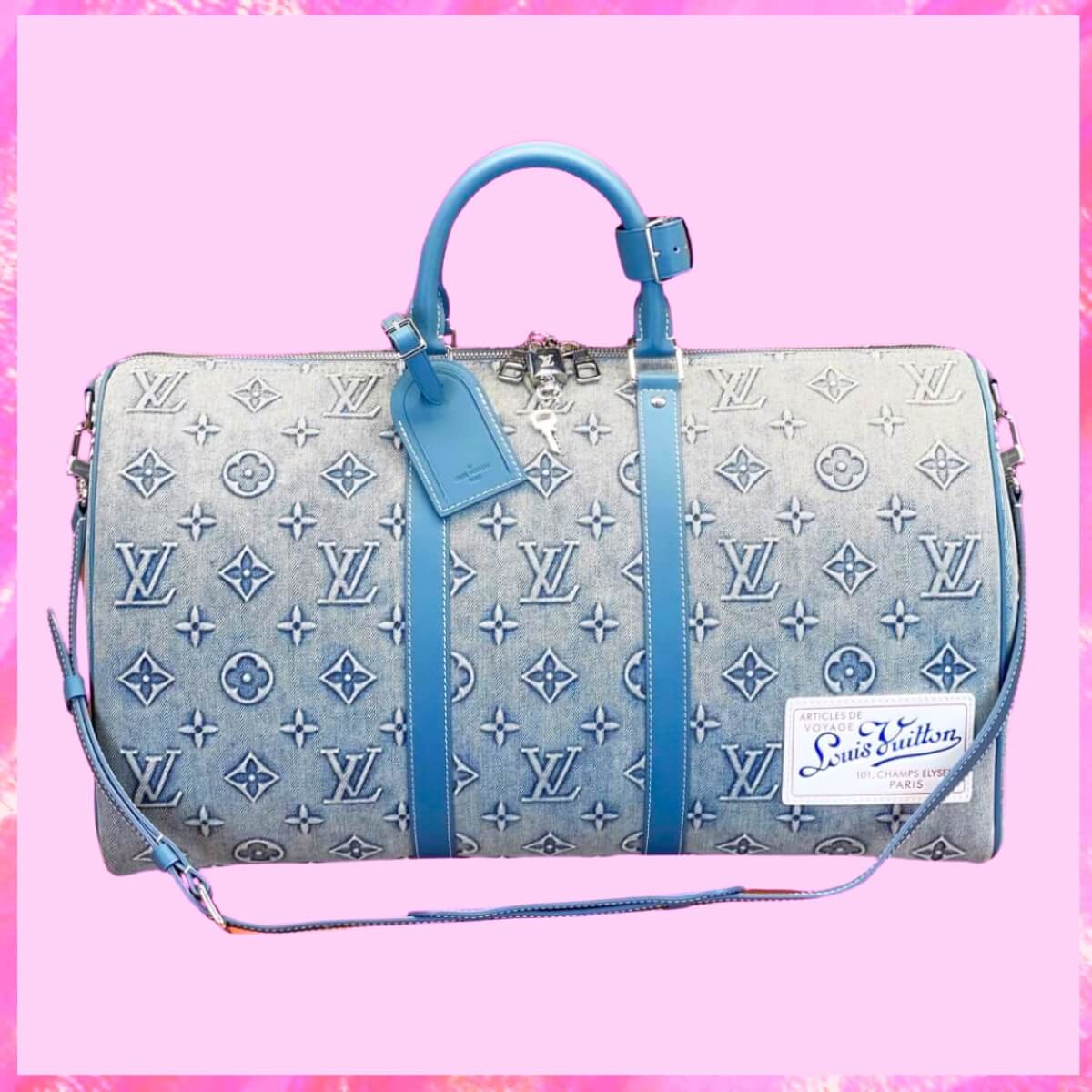 Louis Vuitton denim weekend bag with monogram pattern, blue leather handles, and adjustable shoulder strap.