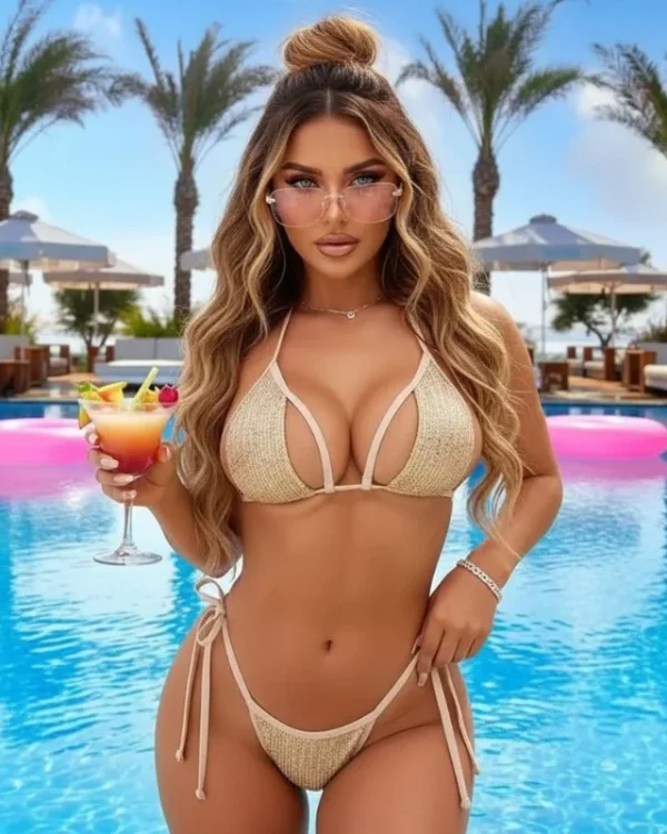 Beige Shimmer Cutout Bikini Set styled for a tropical vacation and poolside photo shoot.